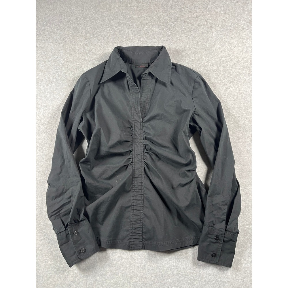 New York & Company Ruched Button Down Shirt Women 10 Black 90s Minimalist Office